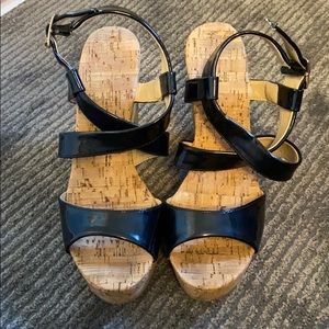 Cork heels with black patent leather